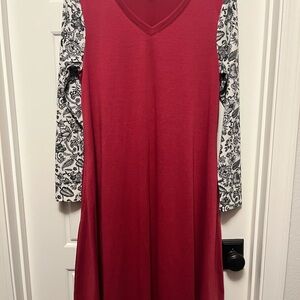 LuLaRoe Burgundy Dress with Monochrome Sleeves